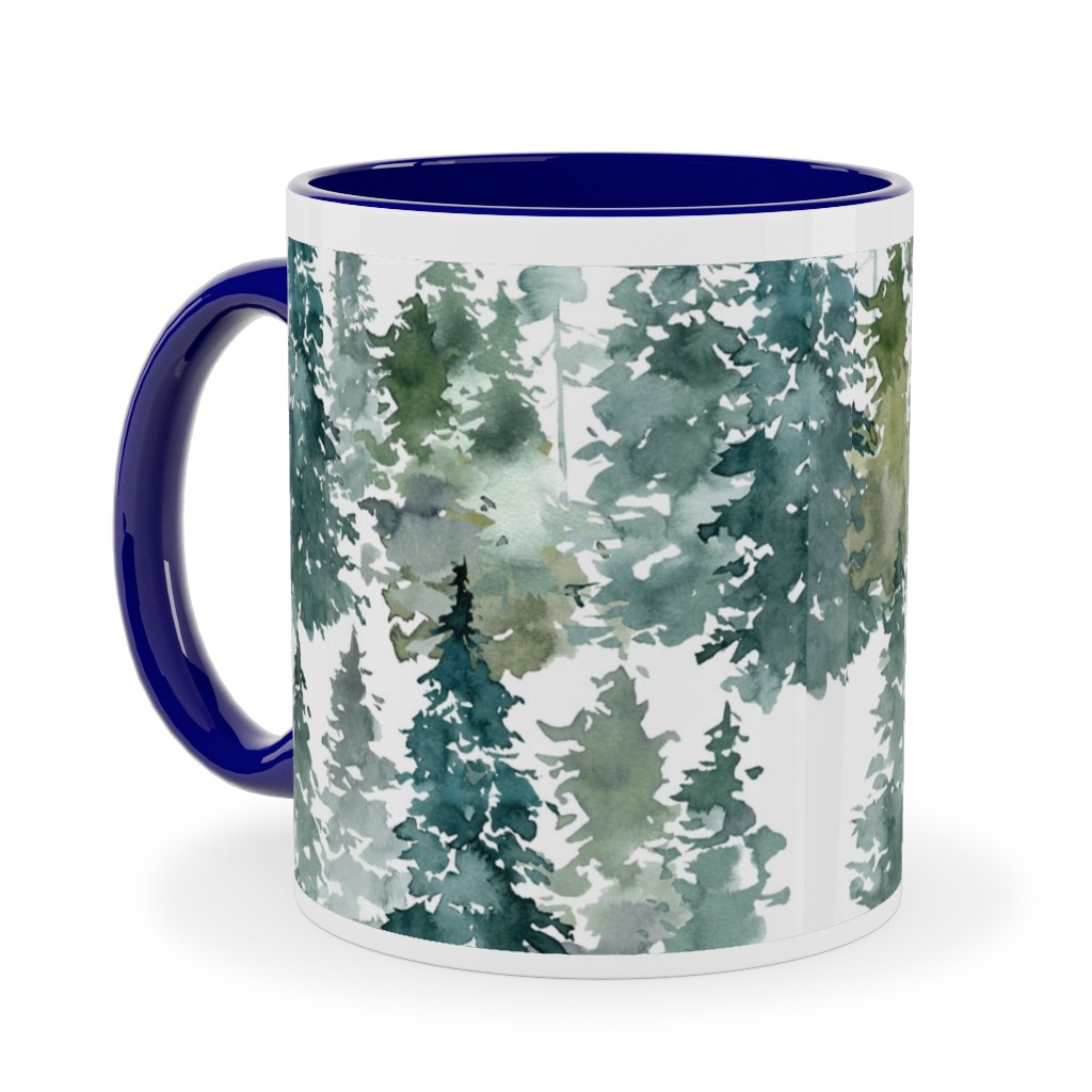 Woodland Trees Watercolor - White Ceramic Mug, Blue,  , 11oz, Green