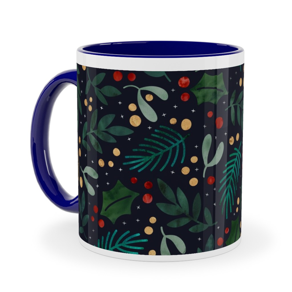 Christmas Florals - Dark Green Ceramic Mug, Blue,  , 11oz, Green