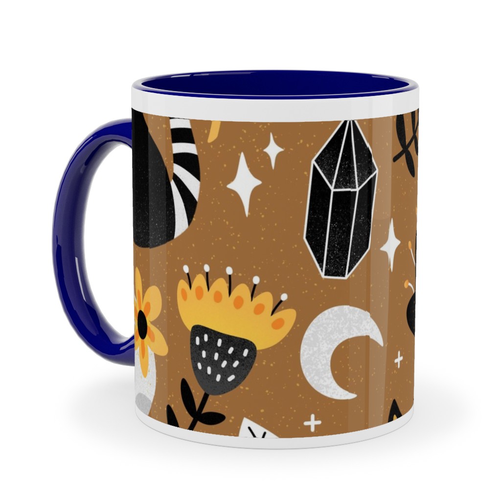 Black Cat & Floral Skull Ceramic Mug, Blue,  , 11oz, Brown