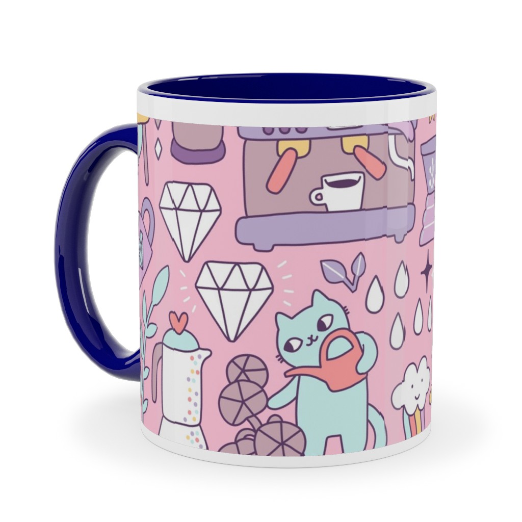 Cute Cats - Multicolor Pastel Ceramic Mug, Blue, , 11oz, Pink, Bright Pink
