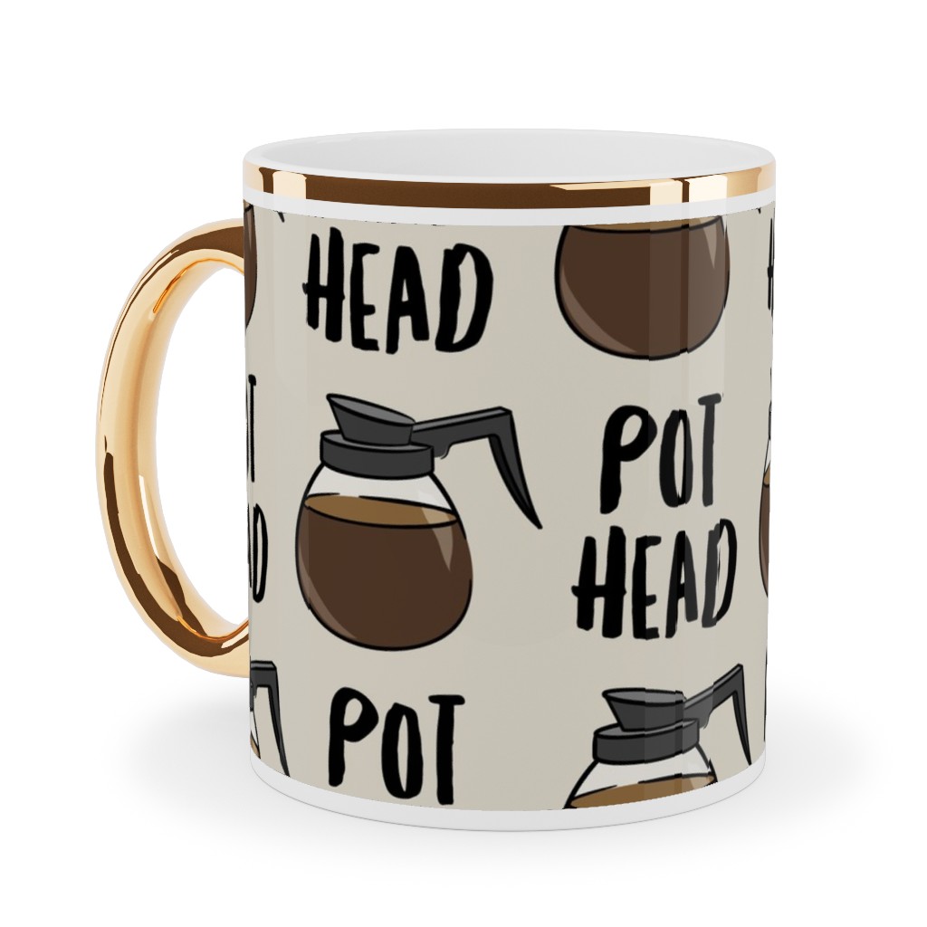 Coffee Pots - Beige Ceramic Mug, Gold Handle,  , 11oz, Brown