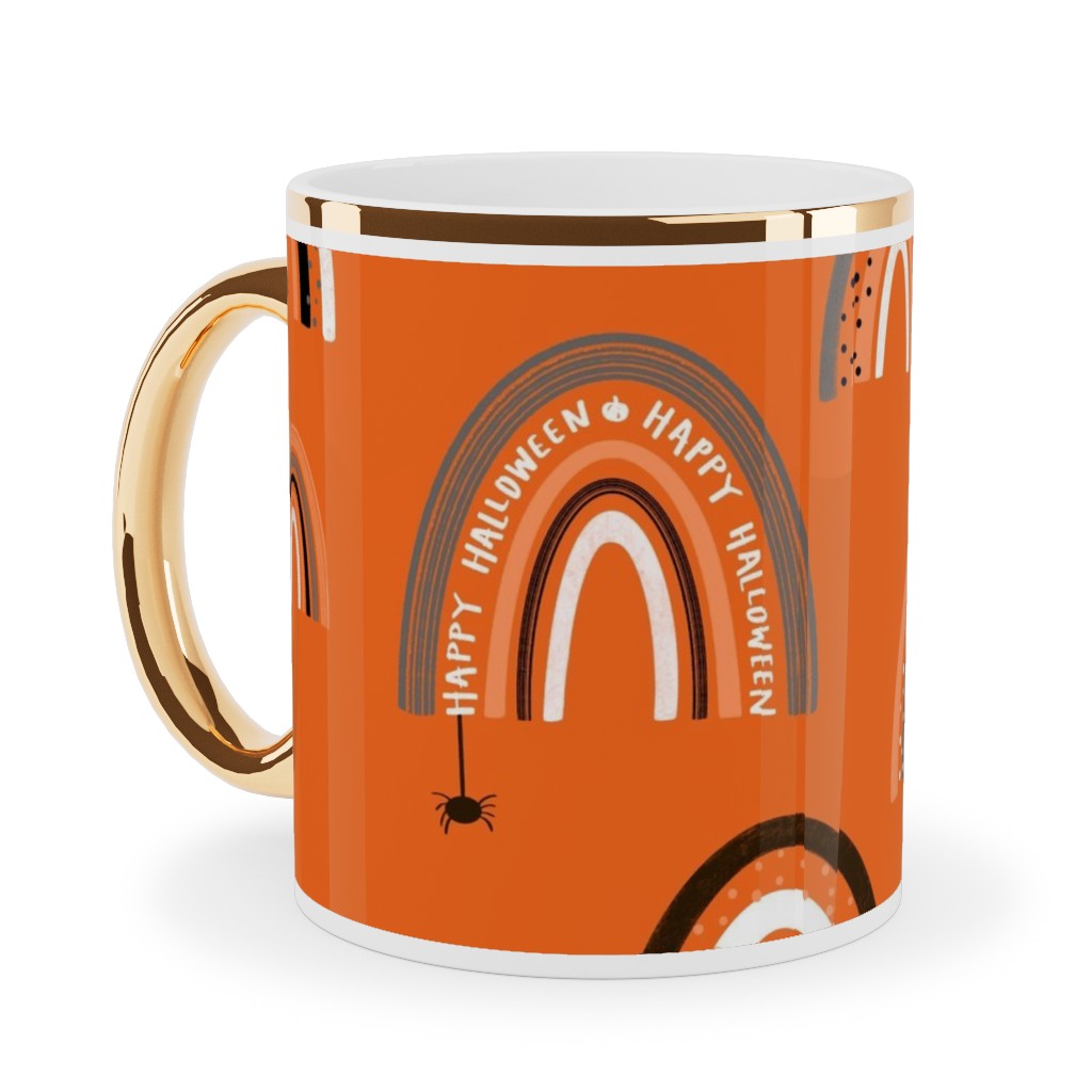 Happy Halloween Rainbows - Orange Ceramic Mug, Gold Handle, , 11oz, Orange, Orange