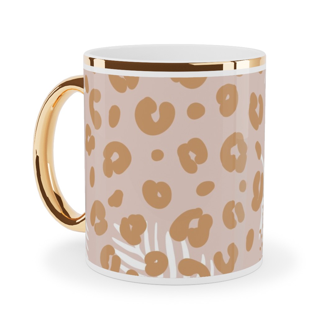 Palm Leaves and Animal Panther Spots - Beige Ceramic Mug, Gold Handle,  , 11oz, Pink