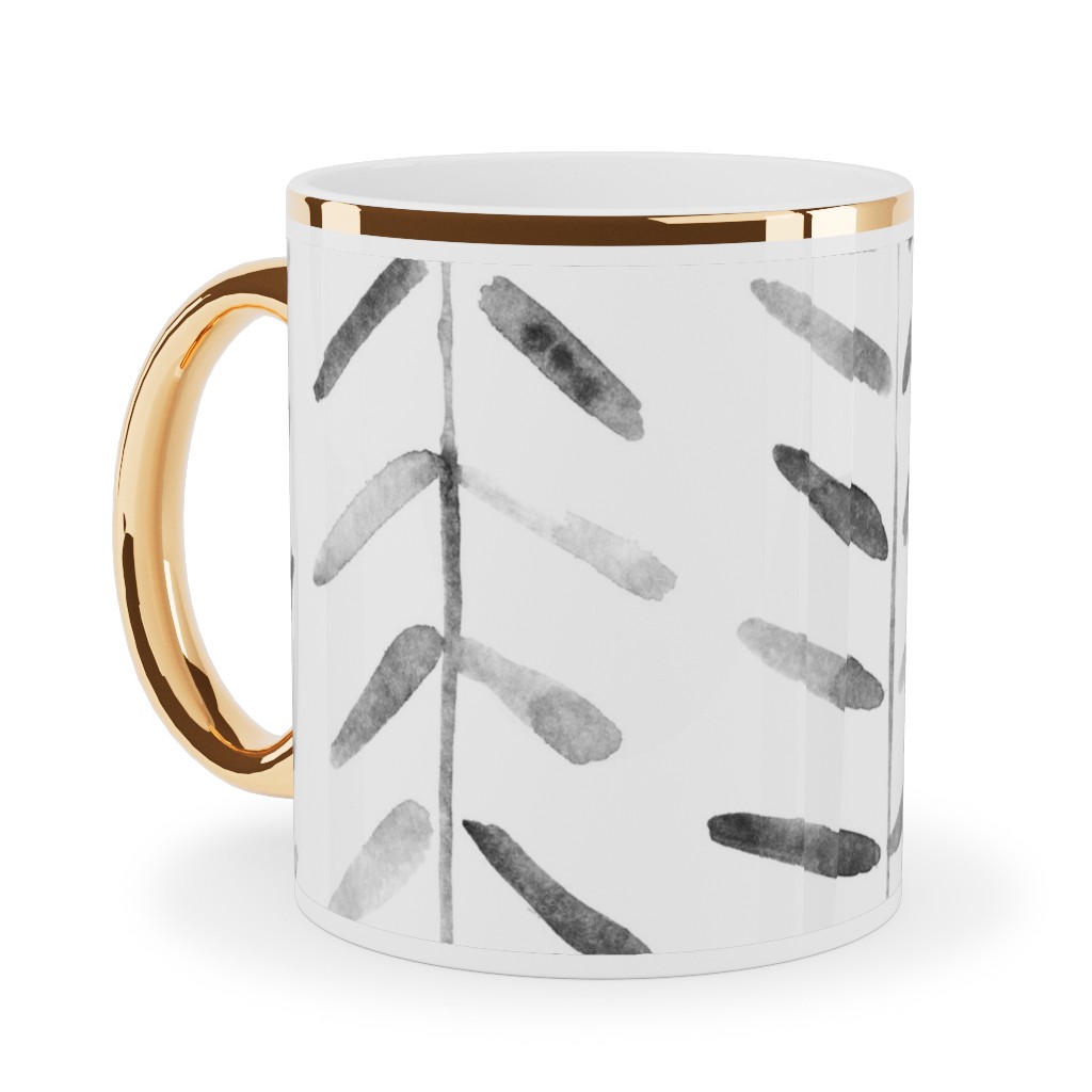 Noir Watercolor Abstract Geometrical Pattern for Modern Home Decor Bedding Nursery Painted Brush Strokes Herringbone Ceramic Mug, Gold Handle, , 11oz, White, White