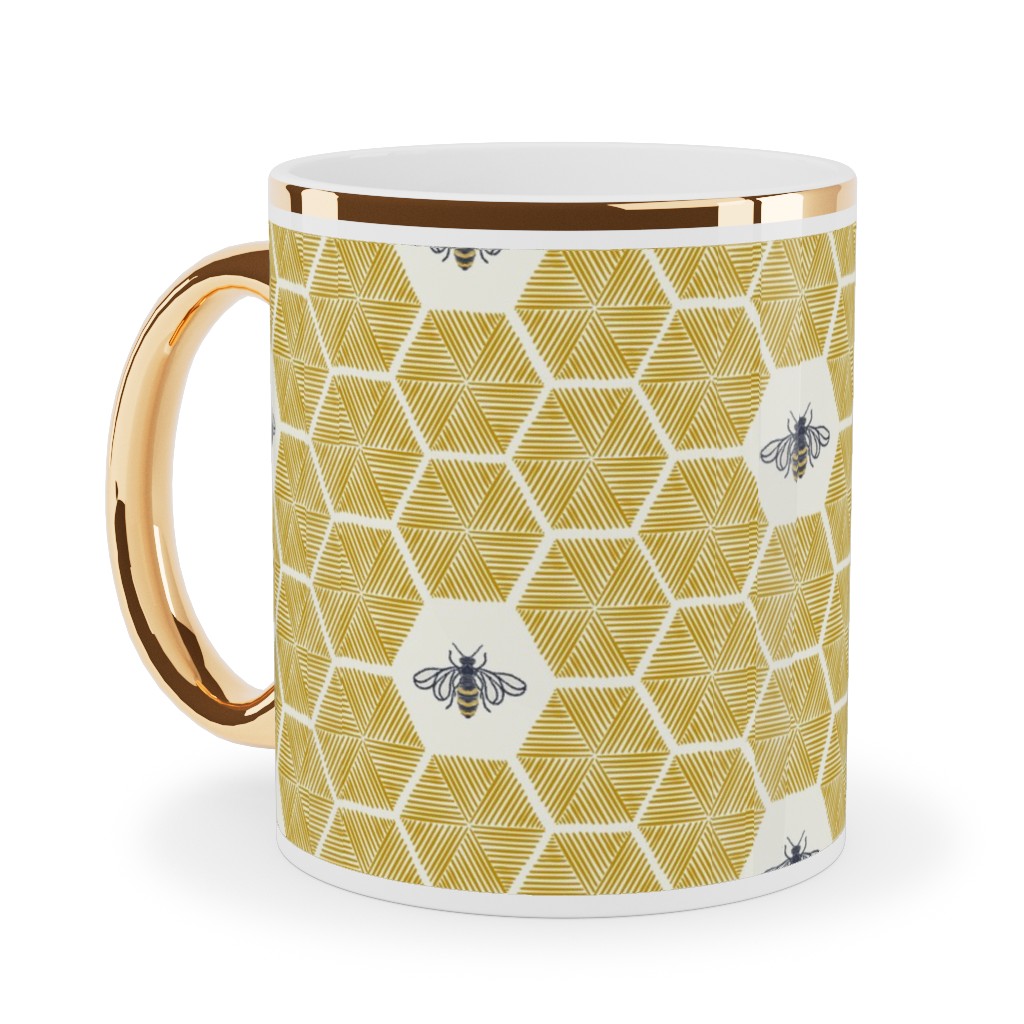 Bees Stitched Honeycomb - Gold Ceramic Mug, Gold Handle,  , 11oz, Yellow