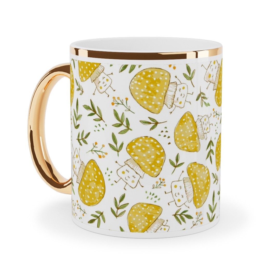 the Happiest Little Mushrooms - Yellow Ceramic Mug, Gold Handle, , 11oz, Yellow, Classic Yellow