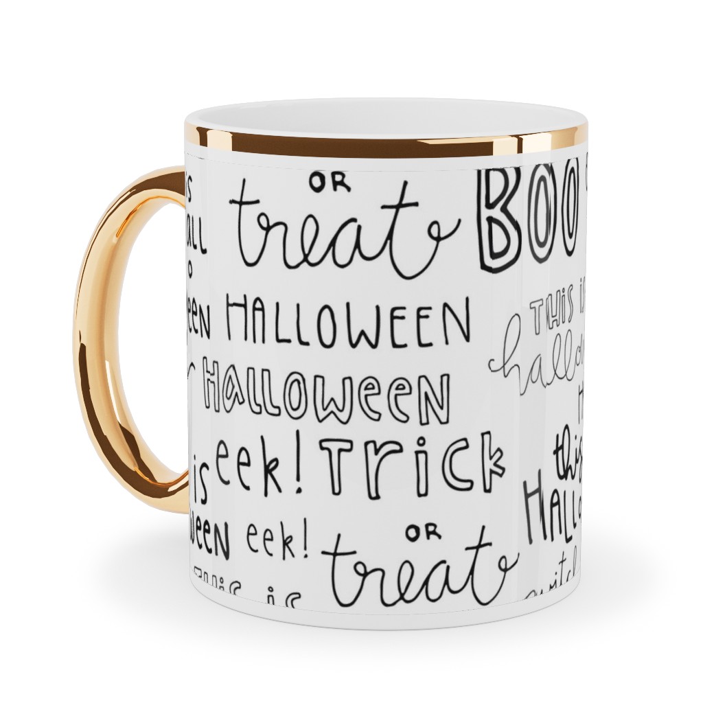 Halloween Words - White Ceramic Mug, Gold Handle, , 11oz, White, White