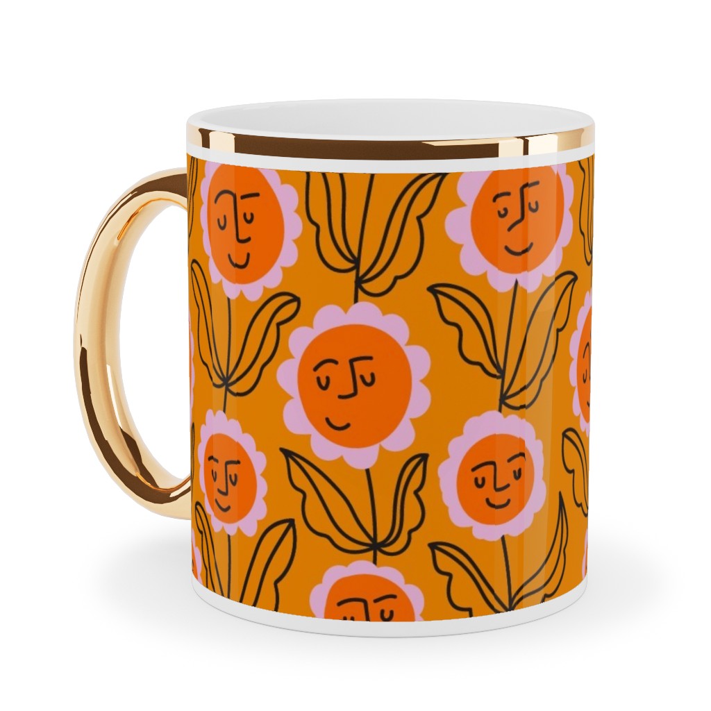 Happy Marigold Vine - Orange Ceramic Mug, Gold Handle, , 11oz, Orange, Orange