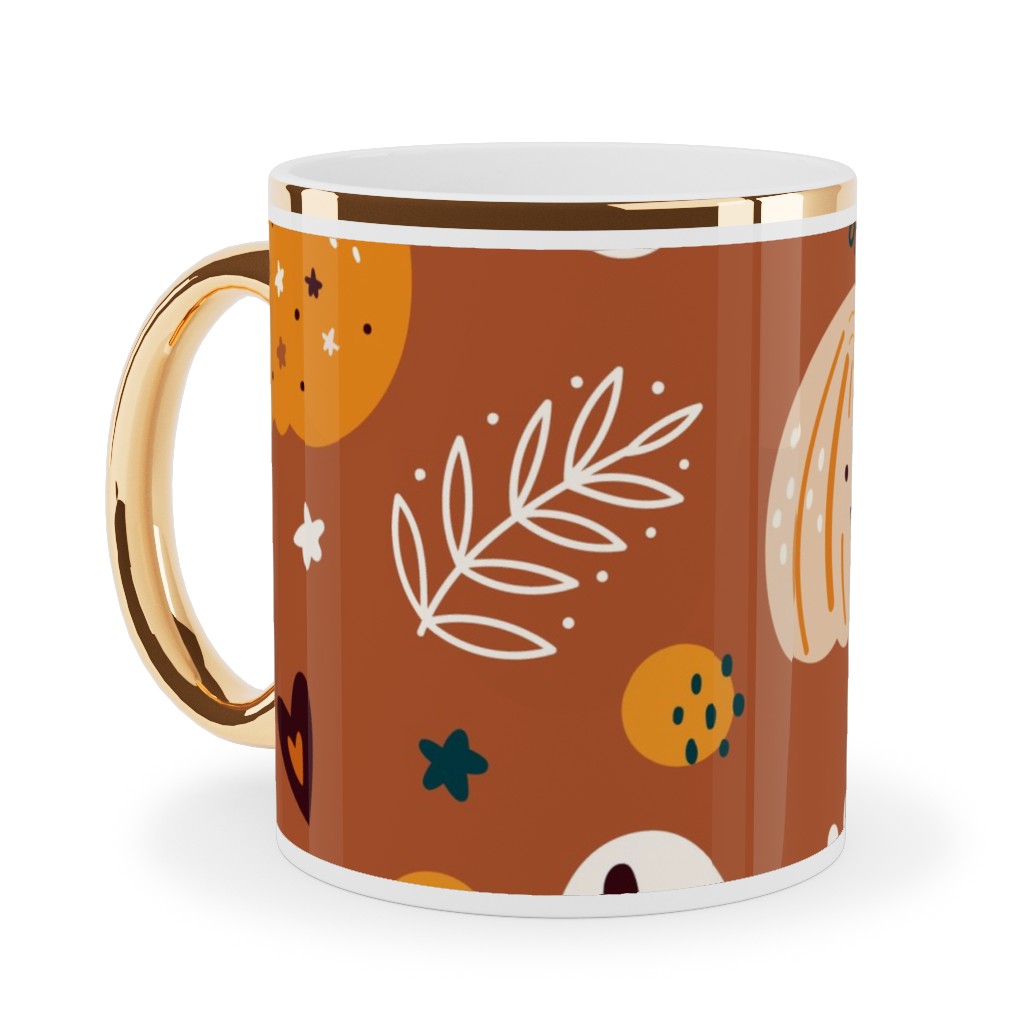 Autumn Pattern - Orange Ceramic Mug, Gold Handle,  , 11oz, Orange