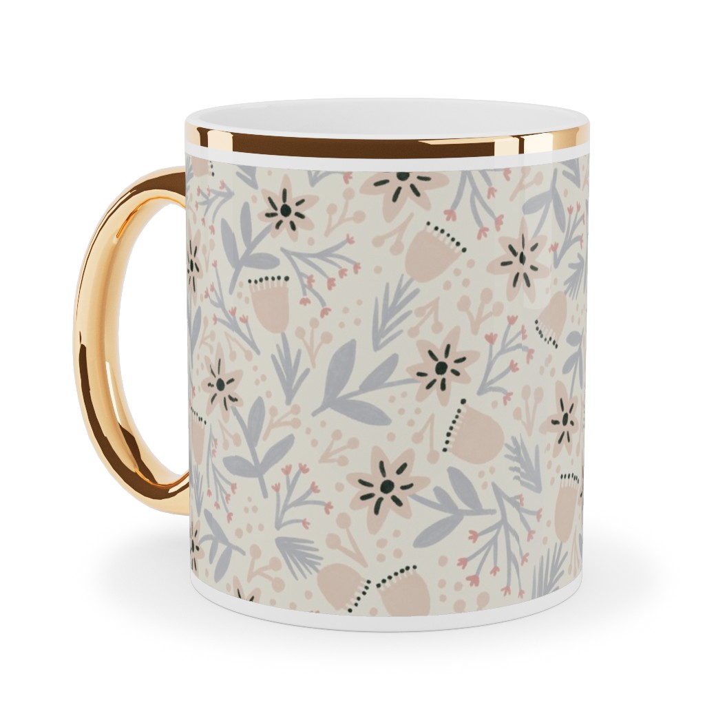 Vintage Flowers - Pastel Pink Ceramic Mug, Gold Handle, , 11oz, Beige, Pearl