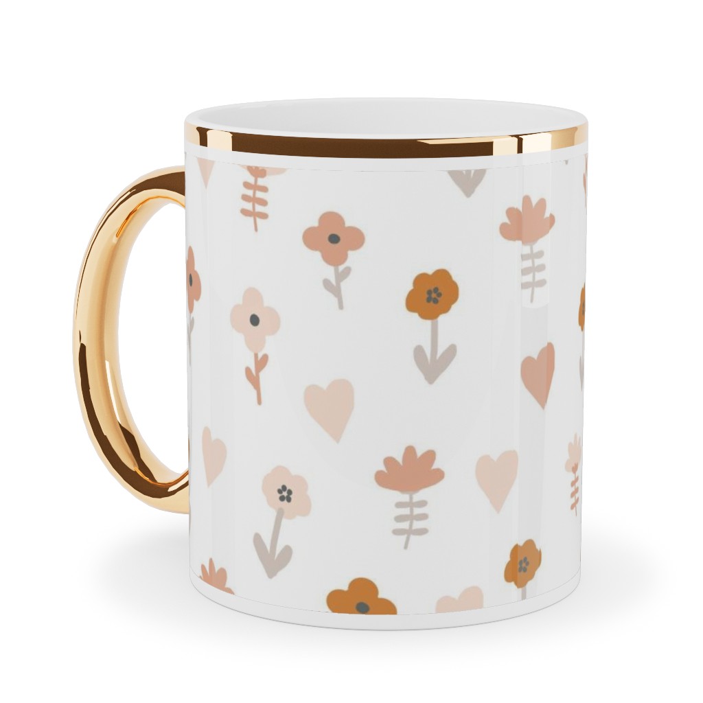 Wild Flowers - Boho - Neutral on White Ceramic Mug, Gold Handle, , 11oz, Pink, Bright Pink