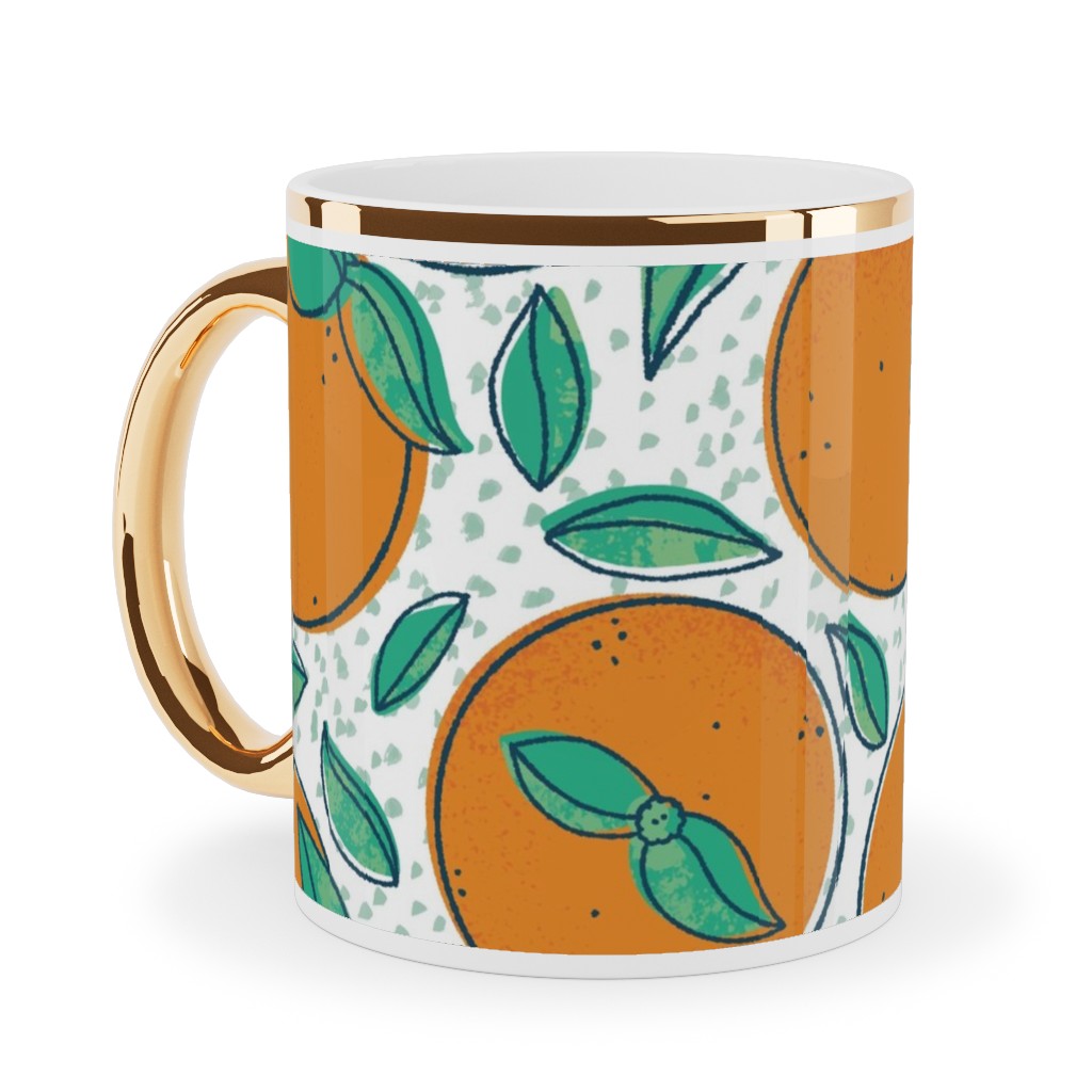 Oranges With Leaves on White Ceramic Mug, Gold Handle, , 11oz, Orange, Orange