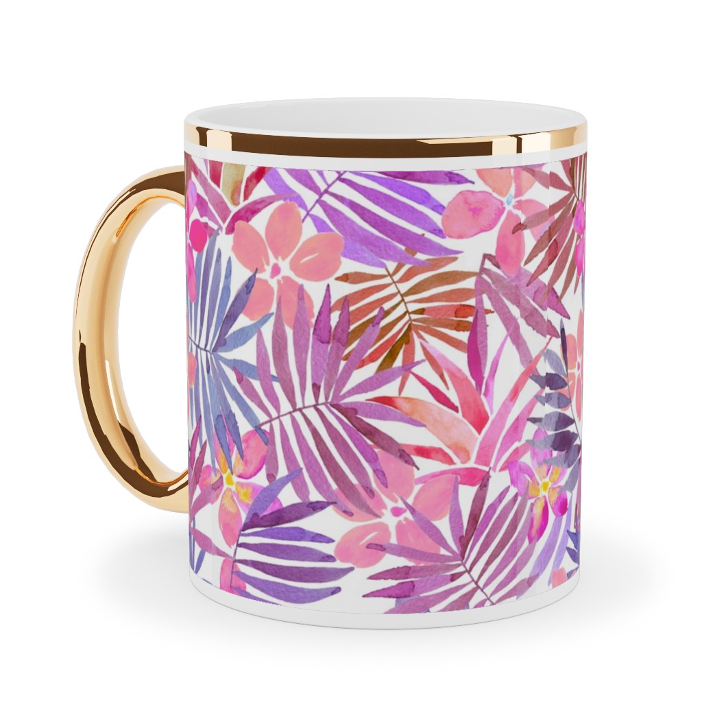 Watercolor Tropical Vibes - Pink Ceramic Mug, Gold Handle, , 11oz, Pink, Bright Pink