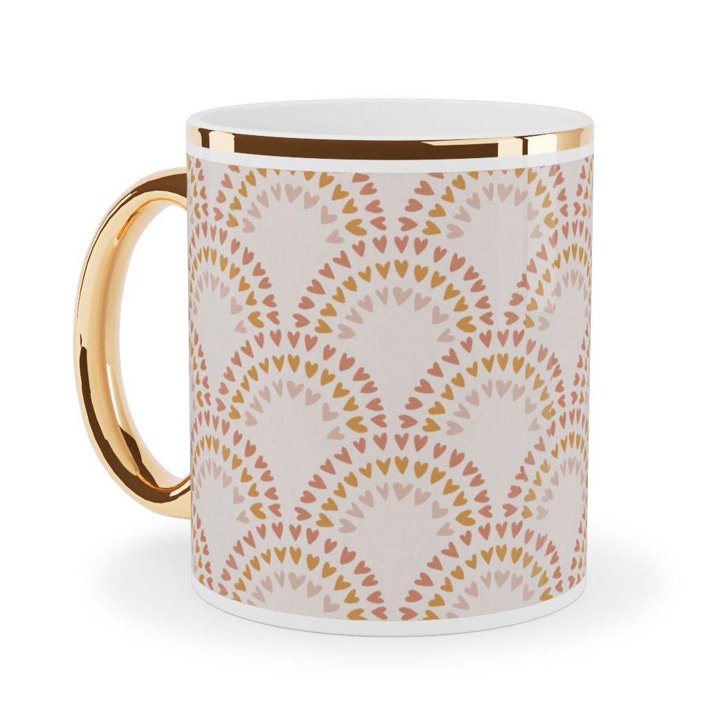 Scalloped Heart Rainbows - Mustard and Pink Ceramic Mug, Gold Handle,  , 11oz, Pink