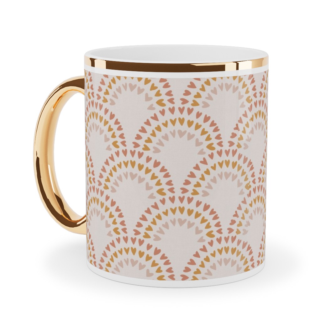 Scalloped Heart Rainbows - Mustard and Pink Ceramic Mug, Gold Handle, , 11oz, Pink, Bright Pink