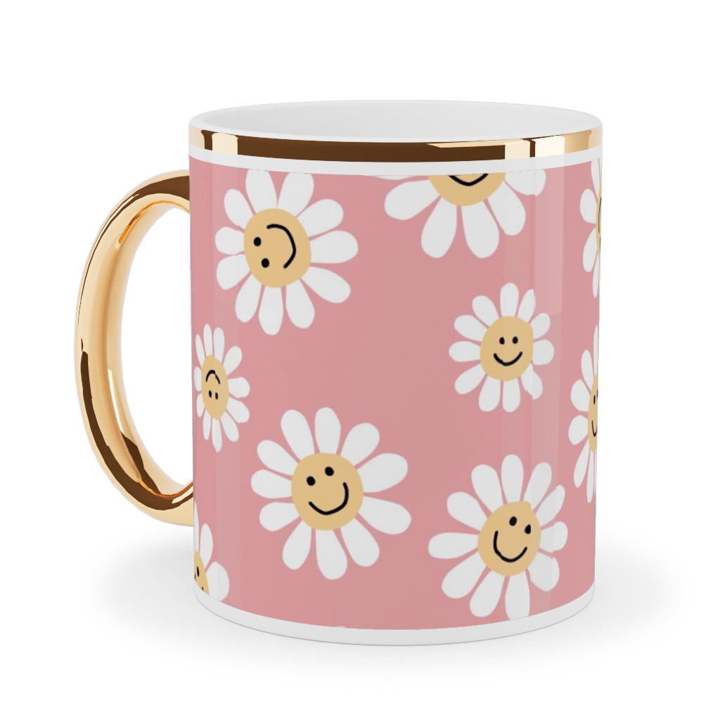 Smiley Daisy Flowers - Pink Ceramic Mug, Gold Handle,  , 11oz, Pink