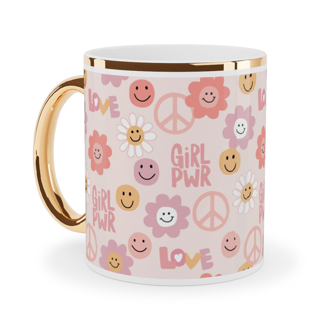 Happy Girl Power - Pink Ceramic Mug, Gold Handle,  , 11oz, Pink