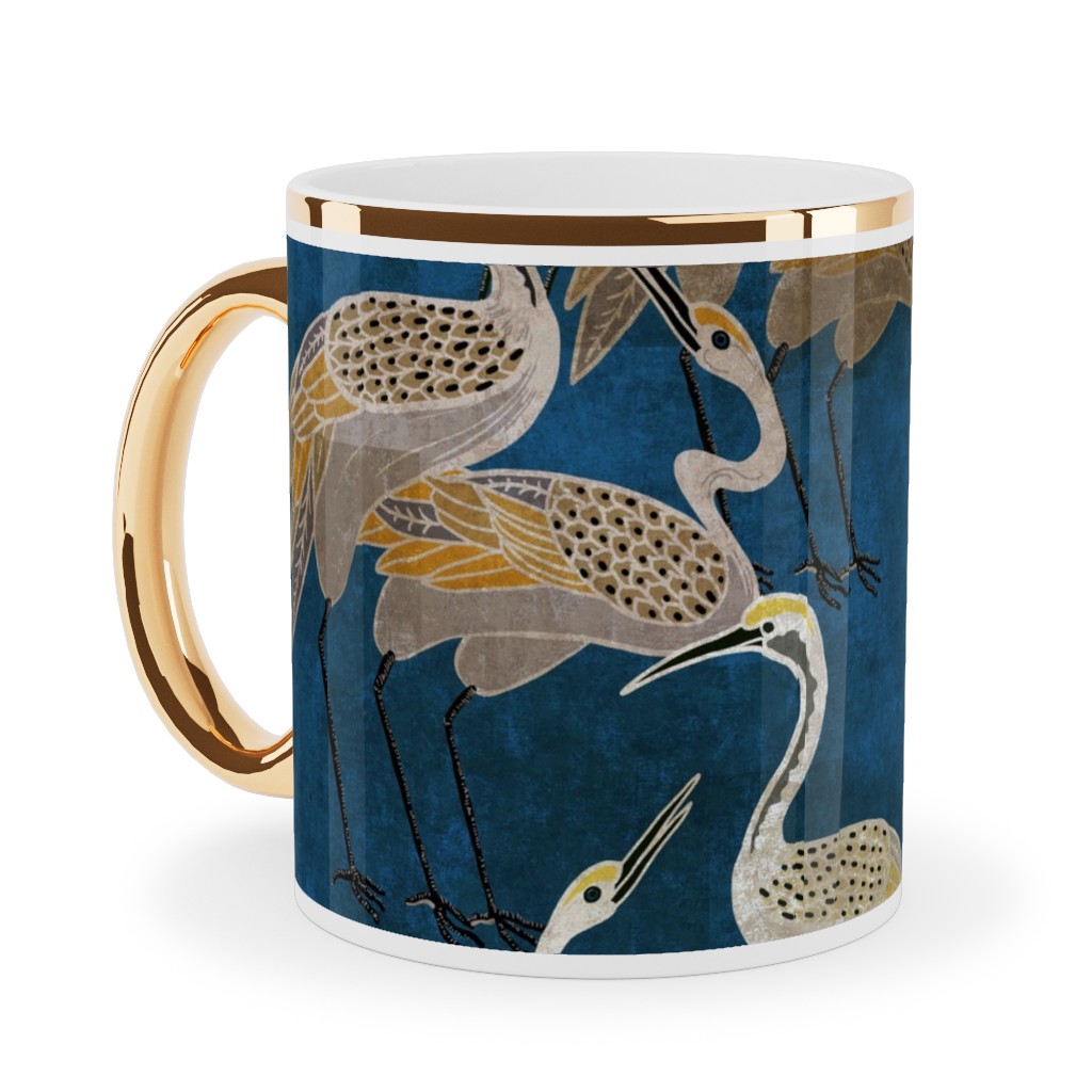Deco Cranes - Sapphire Ceramic Mug, Gold Handle, , 11oz, Blue, True Blue