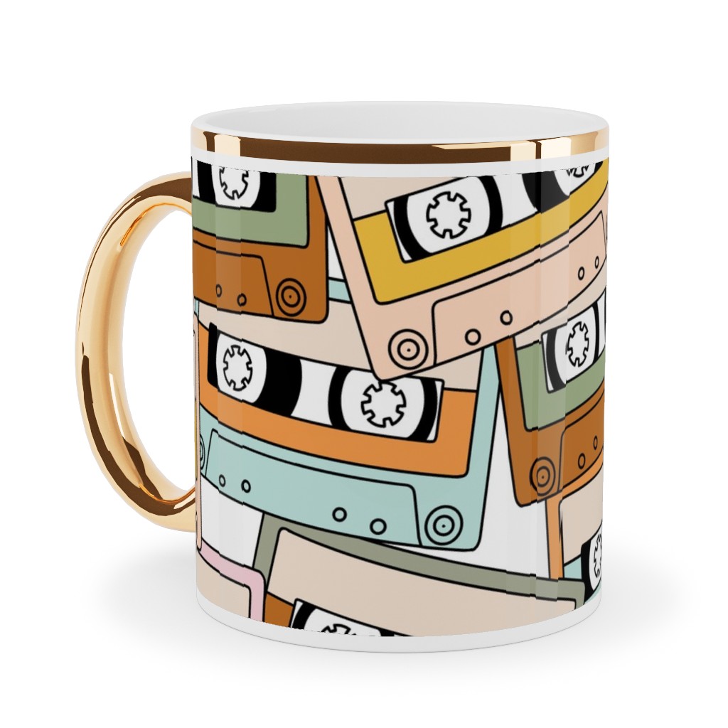 Retro Audio Tape Cassette Ceramic Mug, Gold Handle,  , 11oz, Multicolor