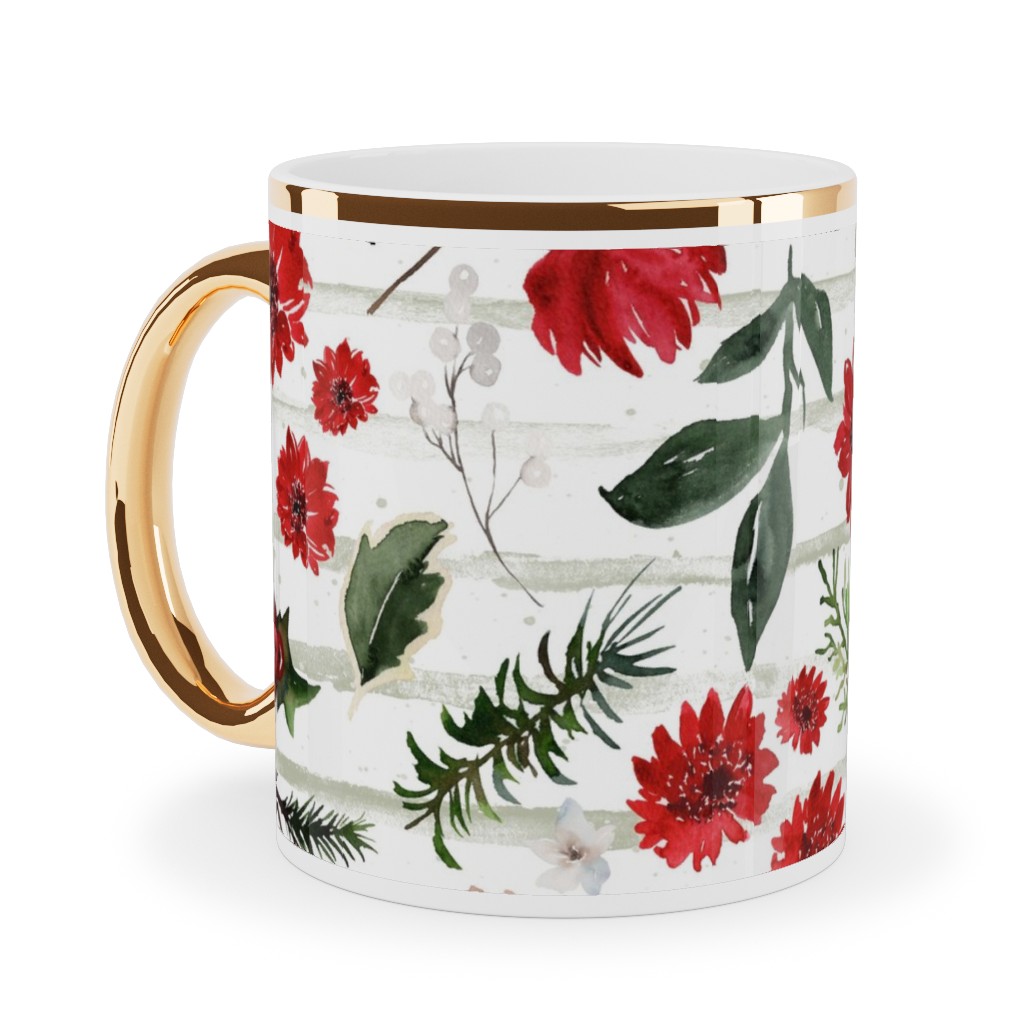 Jolly Christmas Florals - Mint Sage Stripes Ceramic Mug, Gold Handle, , 11oz, Multicolor