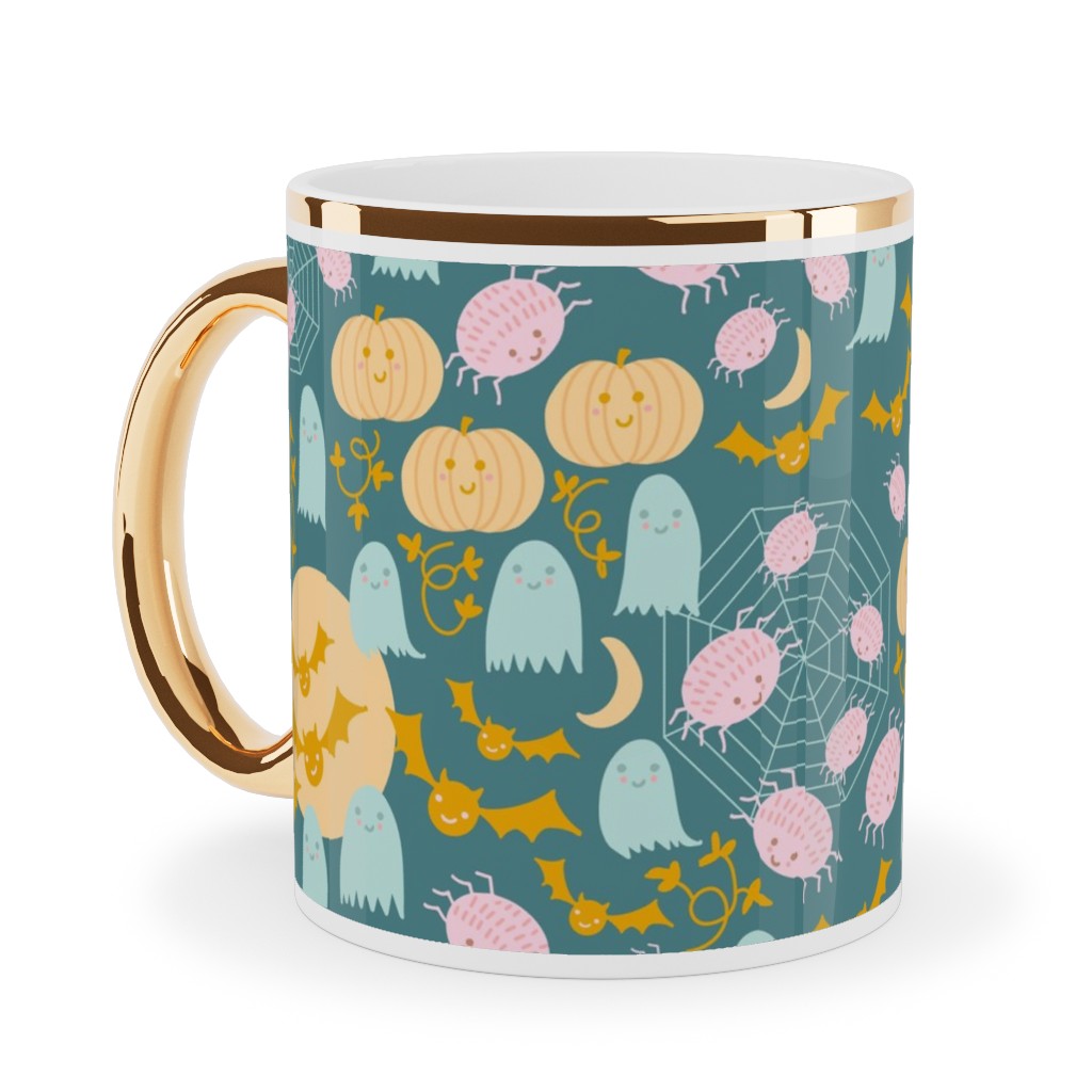 Cute Pastel Halloween Scene in Candy Colors - Pumpkin Ghost Spider Web Bat - Multi Ceramic Mug, Gold Handle,  , 11oz, Multicolor