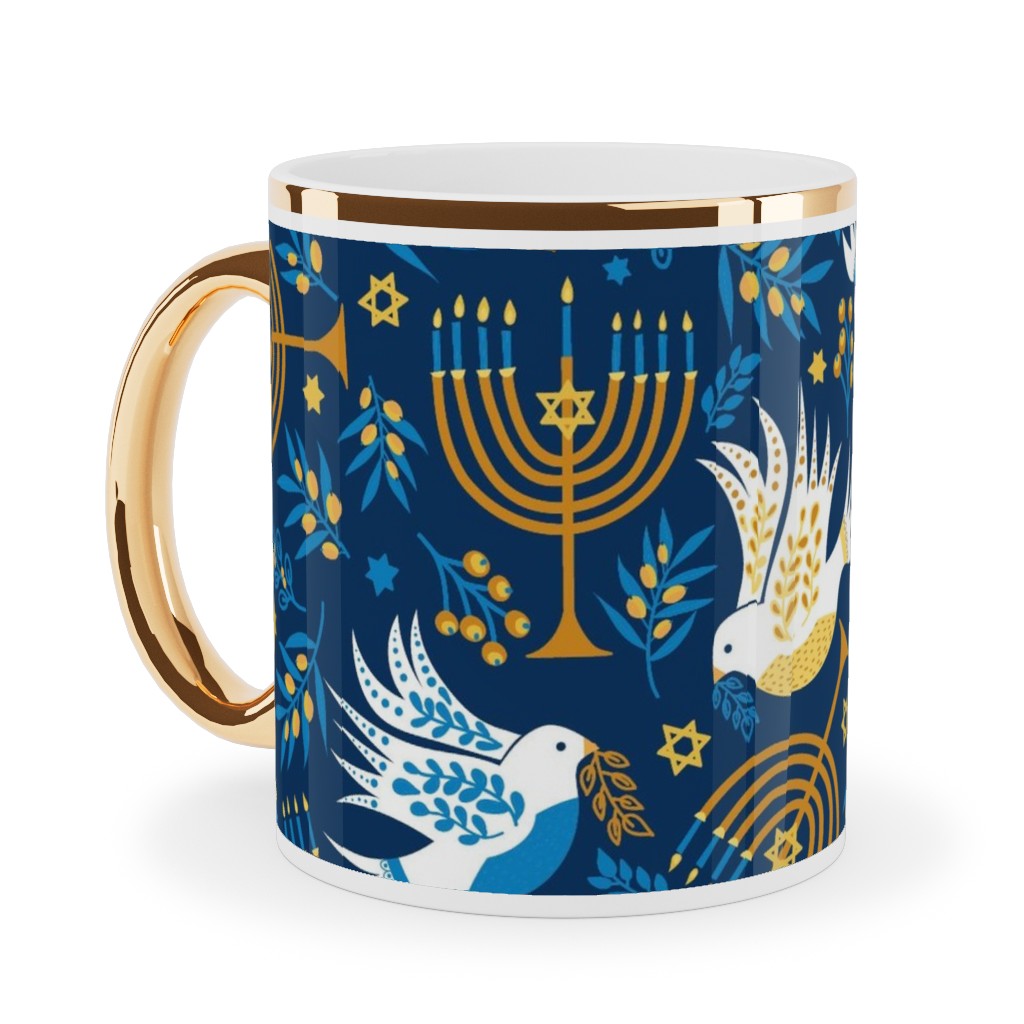 Hanukkah Birds and Menorahs - Dark Blue Ceramic Mug, Gold Handle,  , 11oz, Blue