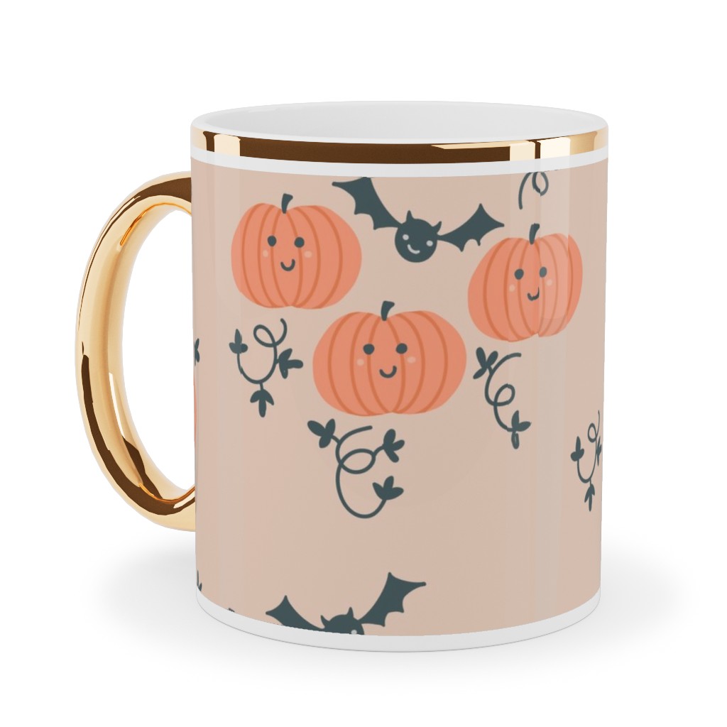 Cute Pumpkins and Bats - Orange and Black Ceramic Mug, Gold Handle,  , 11oz, Orange
