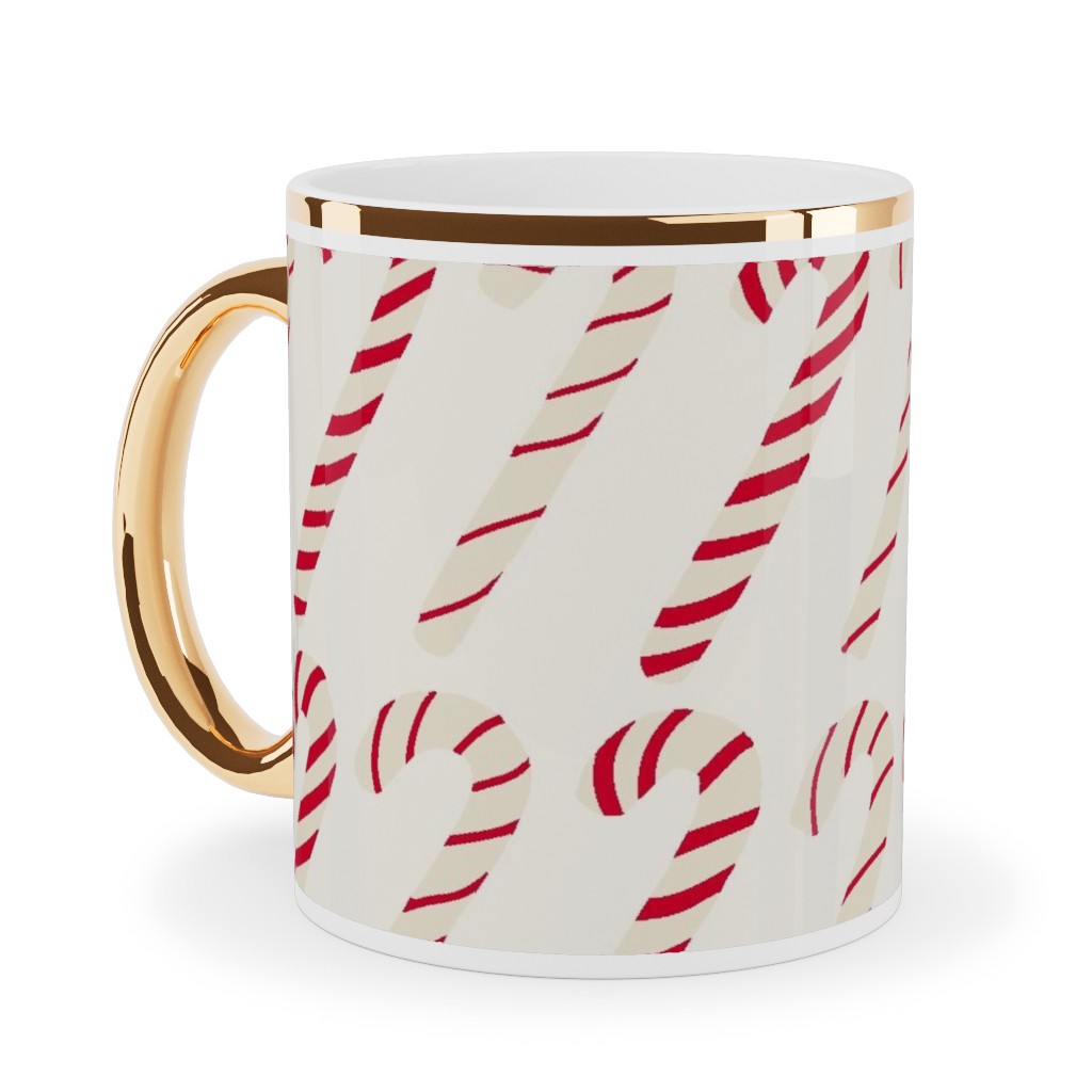 Dancing Candy Canes Ceramic Mug, Gold Handle, , 11oz, Beige, Pearl