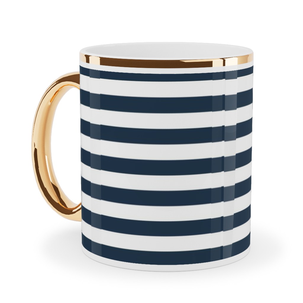 Horizontal Stripe Ceramic Mug, Gold Handle, , 11oz, Blue, Navy