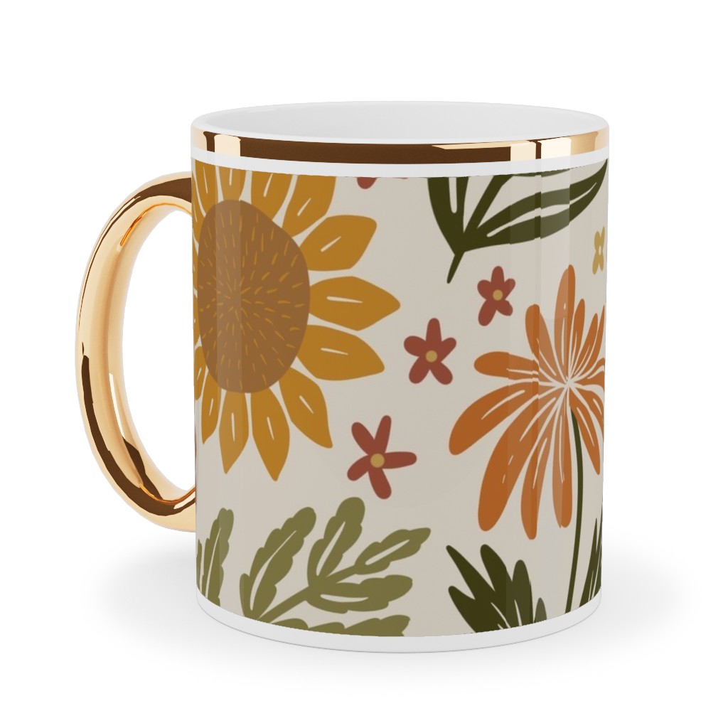 Autumn Botanicals - Leaves, Acorns, Sunflowers, Ferns, Mums, Pinecones, Mushrooms - Light Ceramic Mug, Gold Handle, , 11oz, Multicolor