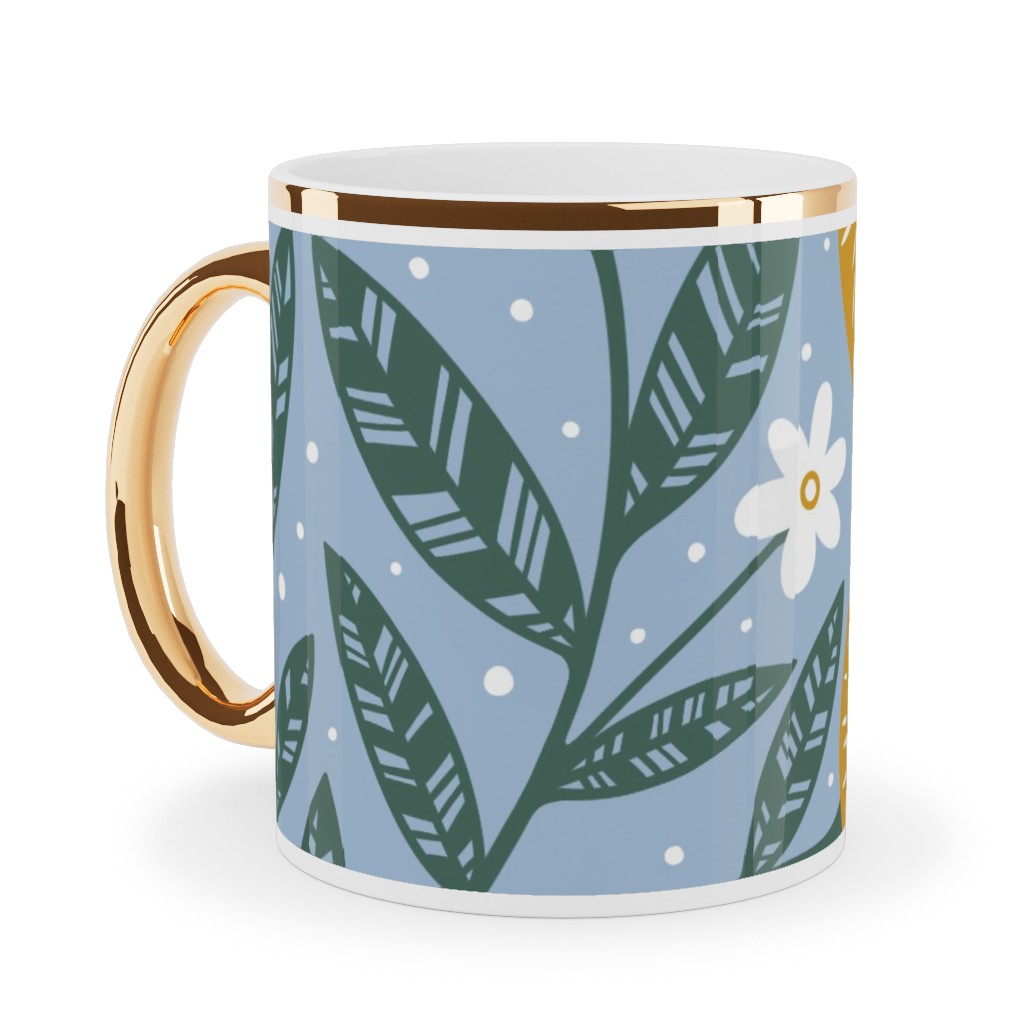 Orange Trees - Blue Ceramic Mug, Gold Handle, , 11oz, Blue, True Blue