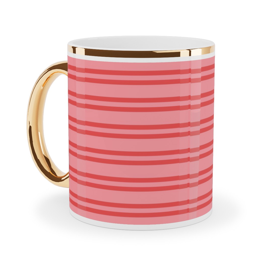 Joyful Stripes - Red and Pink Ceramic Mug, Gold Handle, , 11oz, Pink, Bright Pink