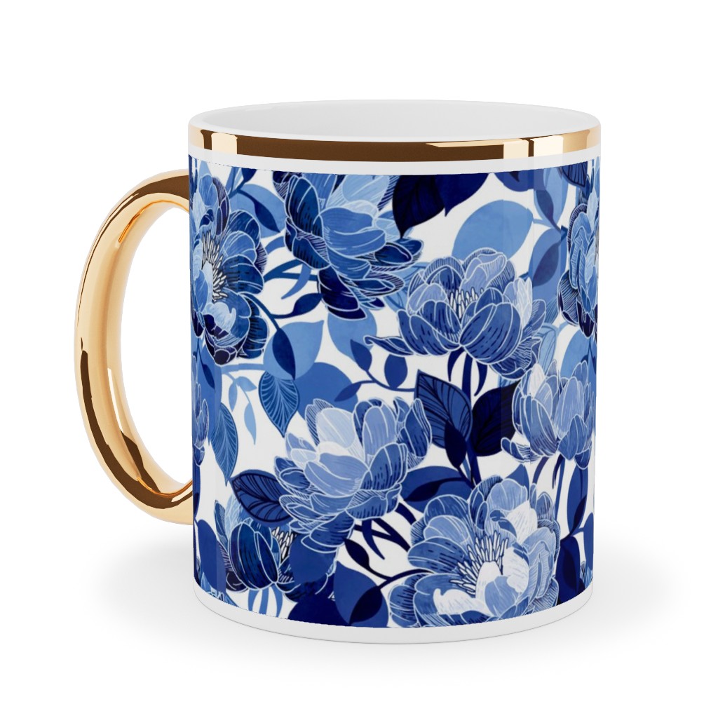 Chintz Peonies - Blue Ceramic Mug, Gold Handle,  , 11oz, Blue