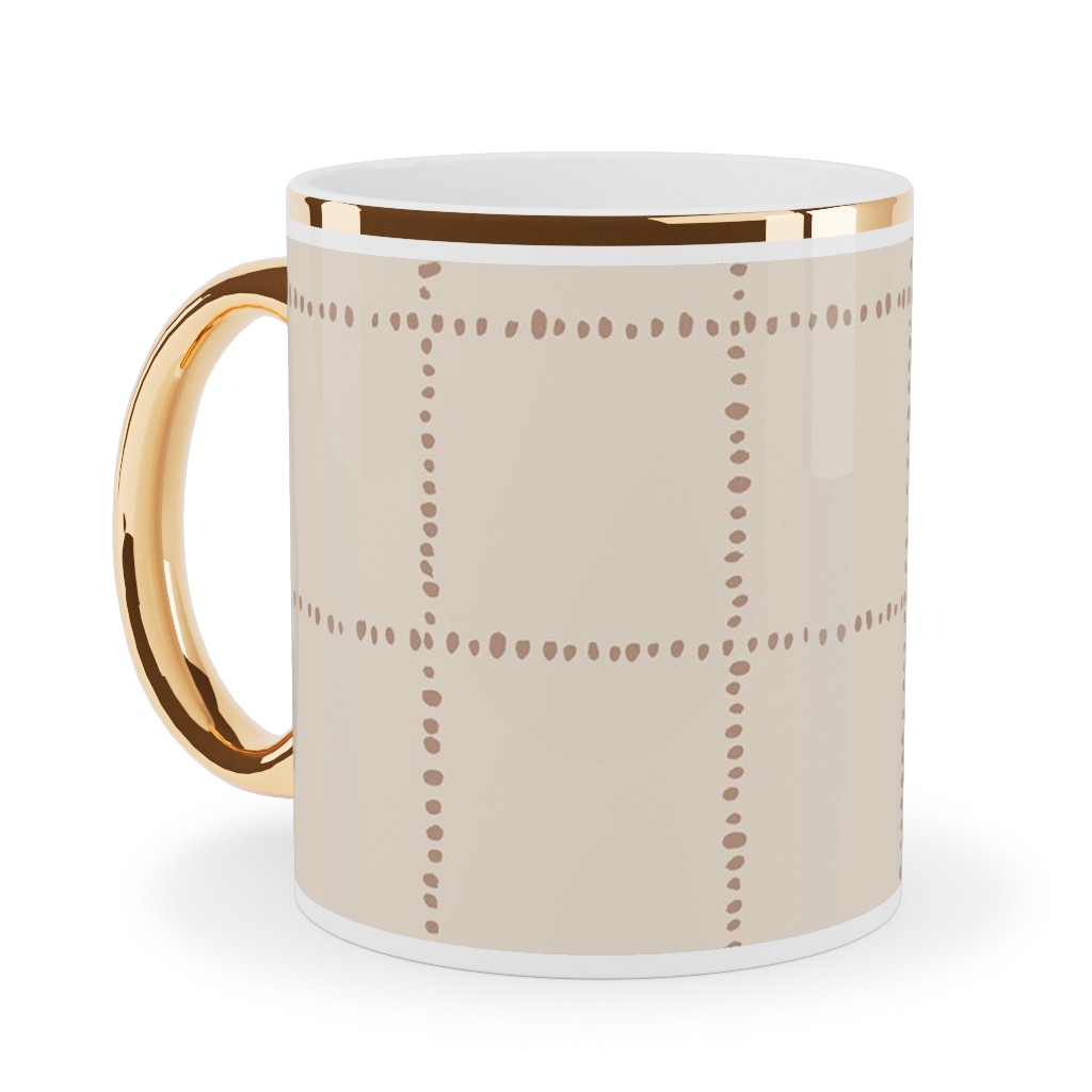 Soul Garden Cuadricula Playa- Beige Ceramic Mug, Gold Handle, , 11oz, Beige, Pearl
