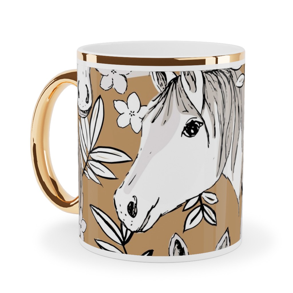 Wild Horses Ceramic Mug, Gold Handle, , 11oz, Brown, Dust Bunny