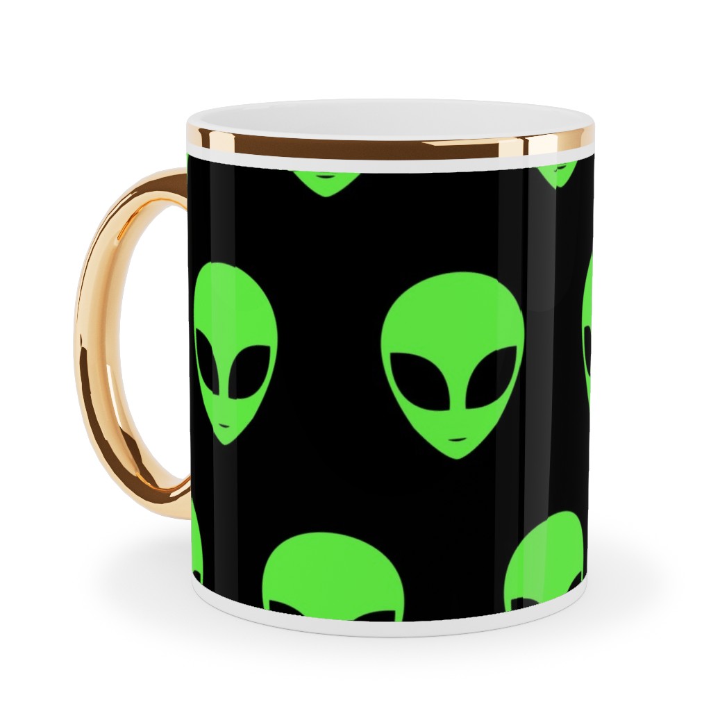 Retro Alien - Neon Green and Black Ceramic Mug, Gold Handle, , 11oz, Green, Classic Green