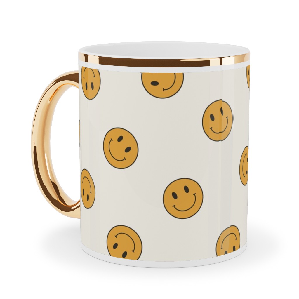 Retro Smiley Face - Cream and Yellow Ceramic Mug, Gold Handle, , 11oz, Yellow, Classic Yellow