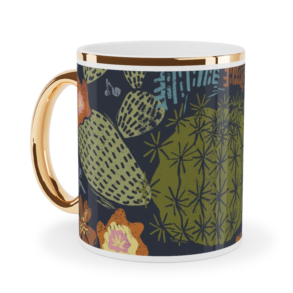 Cactus Garden - Block Print Style - Dark Ceramic Mug, Gold Handle, , 11oz, Green, Classic Green