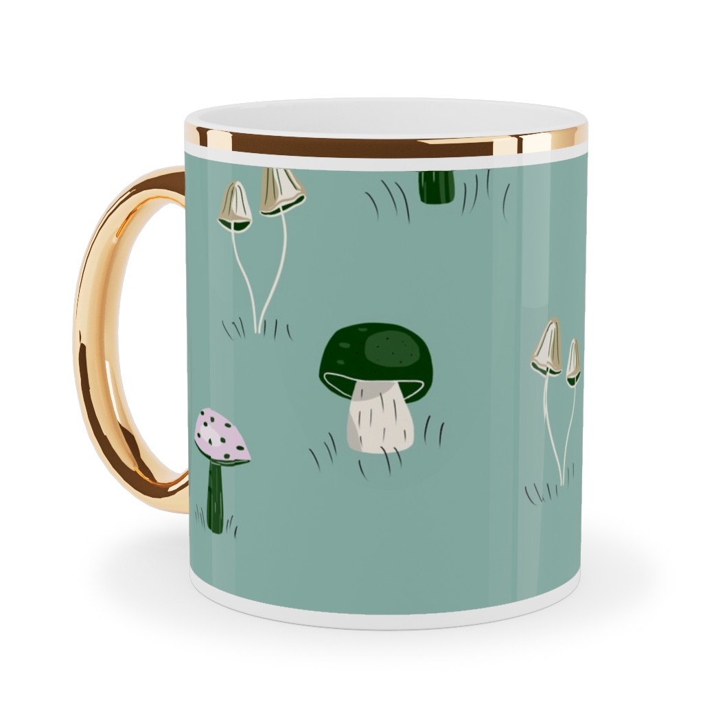 Mushroom Field - Green Ceramic Mug, Gold Handle, , 11oz, Green, Classic Green