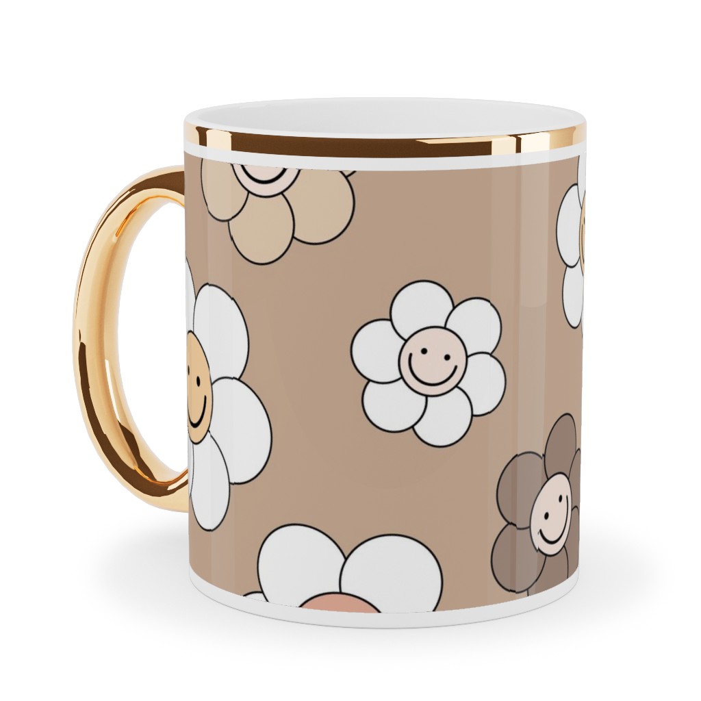 Sweet Smiling Daisies Ceramic Mug, Gold Handle, , 11oz, Brown, Dust Bunny