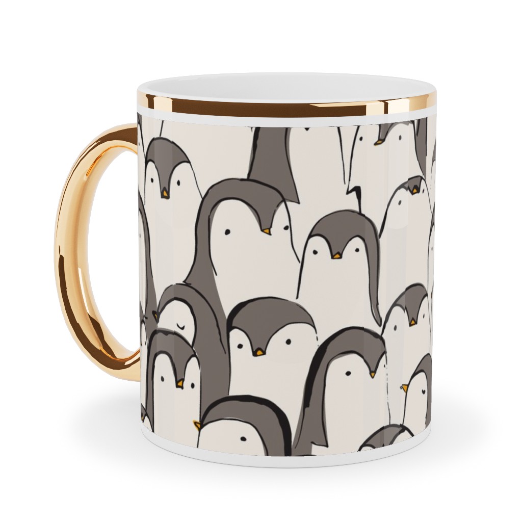 Penguin Huddle Ceramic Mug, Gold Handle,  , 11oz, White
