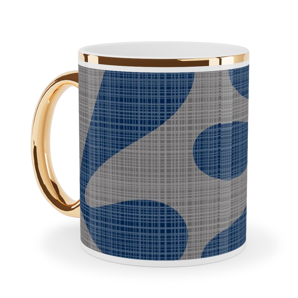 Block Print Texture Ceramic Mug, Gold Handle,  , 11oz, Blue