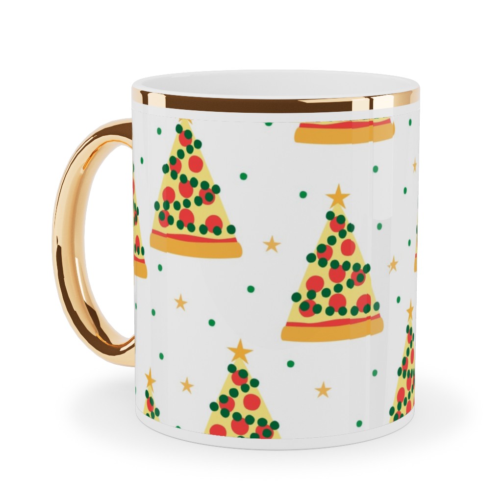 Pizza Christmas Trees - Multi on Light Ceramic Mug, Gold Handle, , 11oz, Multicolor