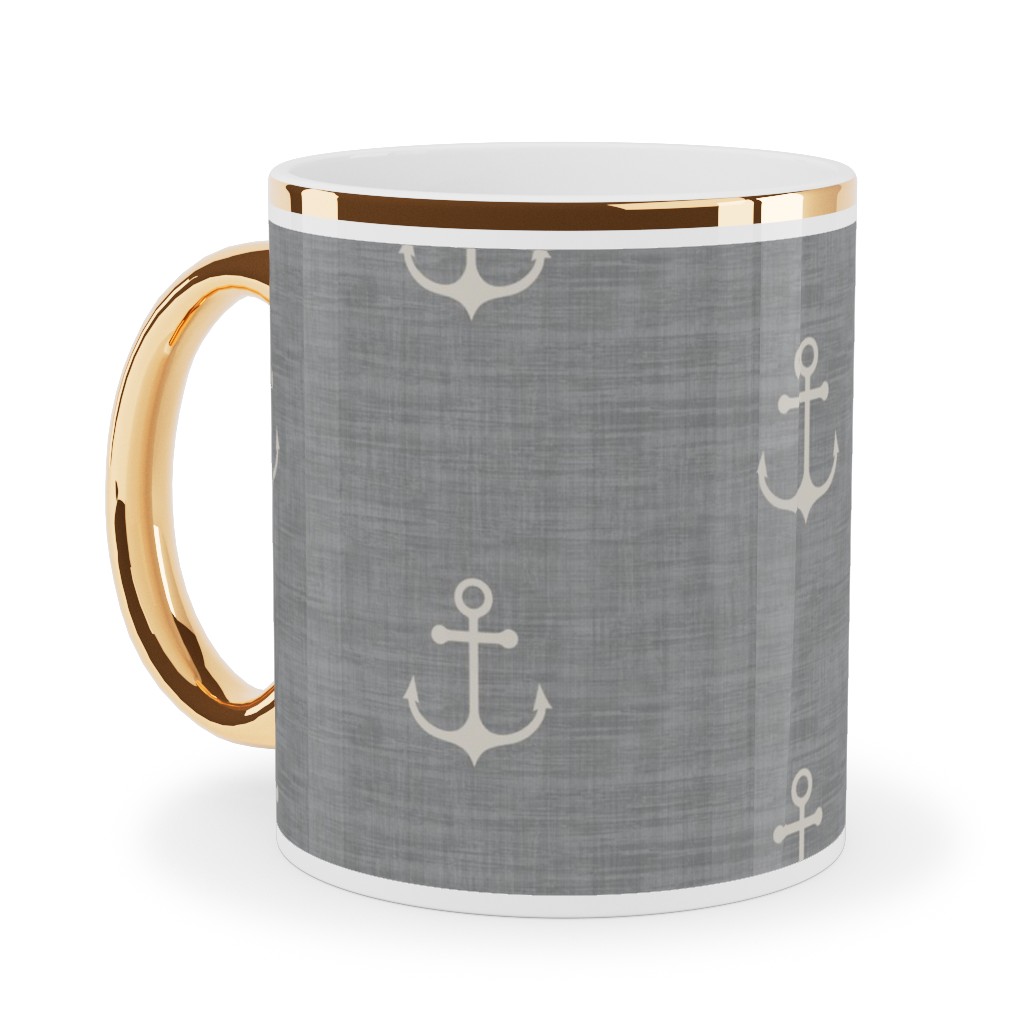Anchor - Ivory on Light Grey Texture Ceramic Mug, Gold Handle, , 11oz, Gray, Gray