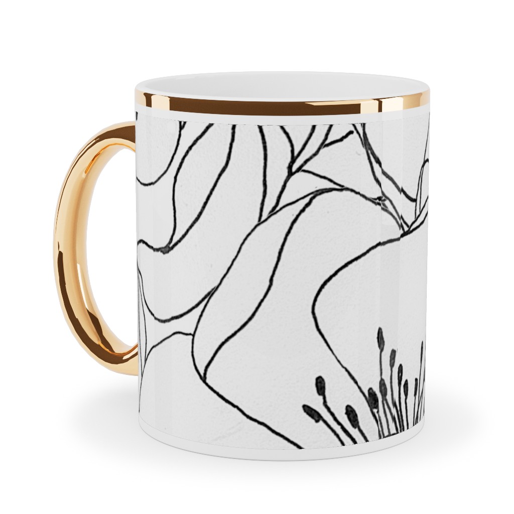 White Anemones - Neutral Ceramic Mug, Gold Handle, , 11oz, White, White