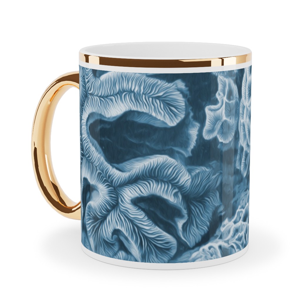 Coral All Over in Sea Blue Ceramic Mug, Gold Handle, , 11oz, Blue, True Blue
