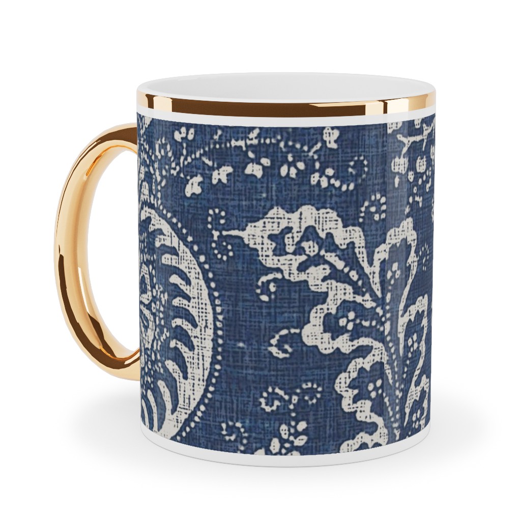 Antibes Batik - Blue Ceramic Mug, Gold Handle, , 11oz, Blue, True Blue