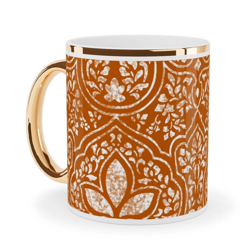 Rajkumari Batik - Spice and White Ceramic Mug, Gold Handle, , 11oz, Orange, Orange