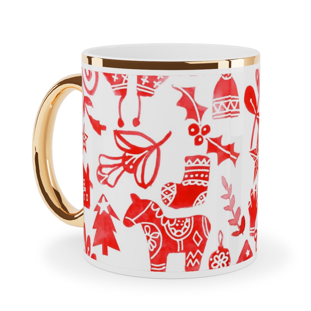 Red Christmas Ceramic Mug, Gold Handle,  , 11oz, Red