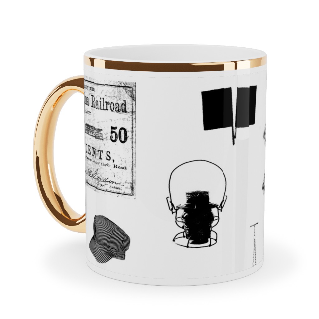 Railroad Ceramic Mug, Gold Handle,  , 11oz, White